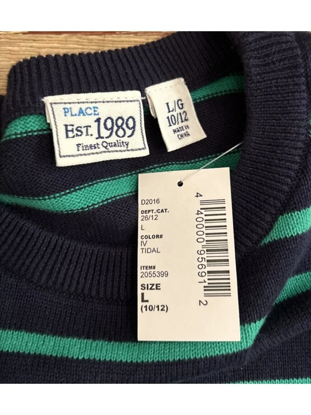 The Children's Place Sweater L 10/12 Navy Blue Green Striped Long Sleeve NEW
